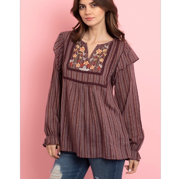 LLOVE Boho Chic Burgundy Striped Embroidered Top - Picture 4 of 9